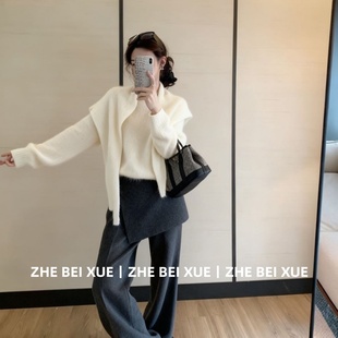 冬装 套装 巨好看 披肩灰色休闲裤 一整套 女简约气质白色圆领针织衫