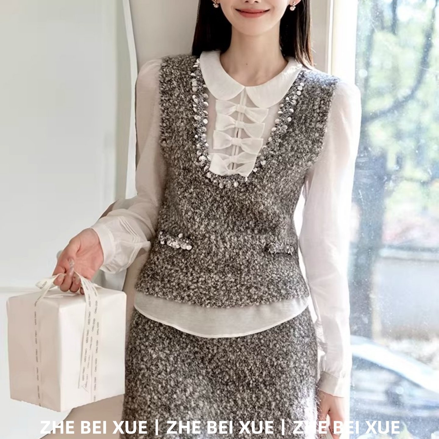 套装女小香风蝴蝶结长袖衬衫针织马甲半身短裙独特漂亮冬装一整套,女装/女士精品,时尚套装,淘宝优惠券,粉丝福利购,淘宝优惠卷