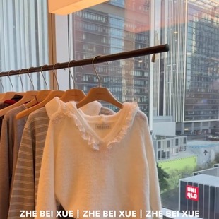 套装女韩版V领蕾丝花边长袖针织衫宽松半身裙独特漂亮冬装一整套