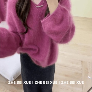秋装 毛衣宽松半身裙子巨好看 一整套 女慵懒风玫红色V领长袖 套装