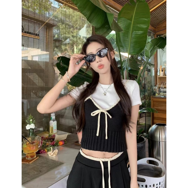 圆领显瘦上衣两件套高腰阔腿裤女