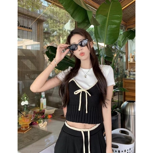 夏装搭配一整套女新款白色圆领显瘦上衣两件套高腰阔腿裤时尚套装