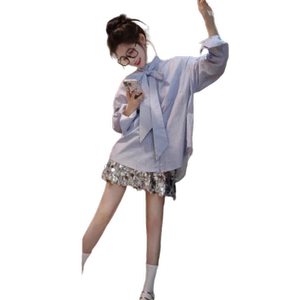 学院风套装女2024春夏季韩版蝴蝶结条纹宽松衬衫亮片半身裙两件套