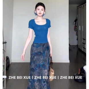 女夏日气质显瘦方领正肩百搭短袖 套装 上衣碎花裙子ootd穿搭一整套