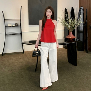 夏装搭配一整套女夏季气质红色无袖背心上衣白色阔腿裤子休闲套装