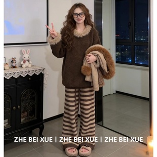 套装女韩版洋气毛领拼接针织毛衣条纹休闲裤子独特漂亮冬装一整套