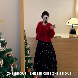 套装 毛衣黑色波点花苞裙2026超火穿搭一整套 女韩系温柔风红色长袖