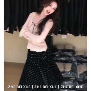 套装女甜美风修身蝴蝶结针织上衣波点半身裙子独特漂亮冬装一整套