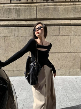 一整套入秋穿搭轻熟风性感辣妹黑色长袖针织衫高腰垂感休闲裤套装