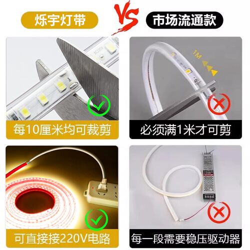 220v灯带led灯条自粘防水户外免开槽线形吊顶背景墙书桌柜子厨房
