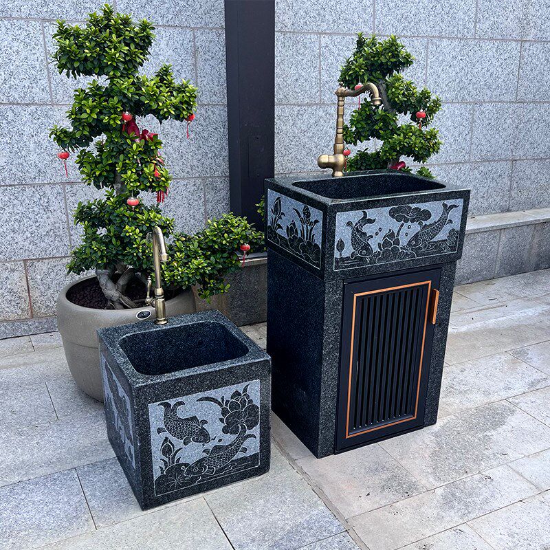 大理石室外庭院洗手池原石带柜门别墅花园户外石头一体立柱洗手盆
