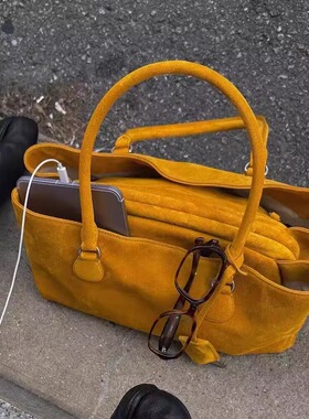 INS网红同款黄色反绒皮包日常百搭手拎包小众设计包包单肩斜挎包