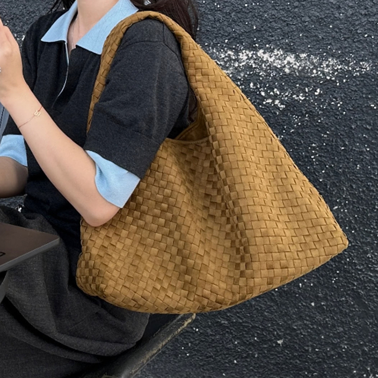 秋冬复古手工编织麂皮绒托特包女