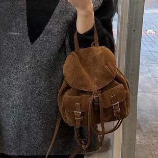 复古磨砂牛皮双肩包多口袋抽绳束口包盖式束口小背包学院风小书包