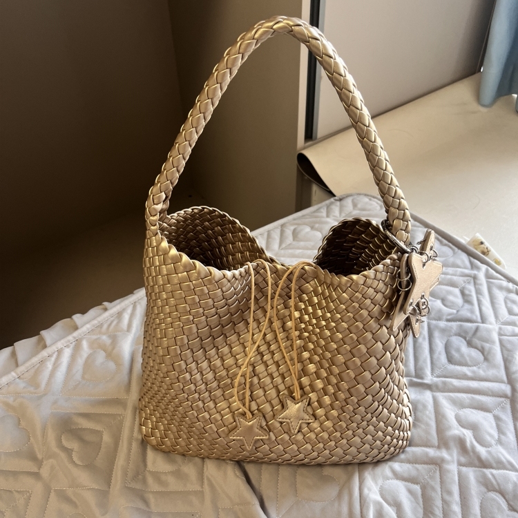 中号香槟色手工编织托特包小个子