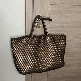 古铜色手工编织托特包大容量复古辣妹风菜篮子手提大包包子母包女
