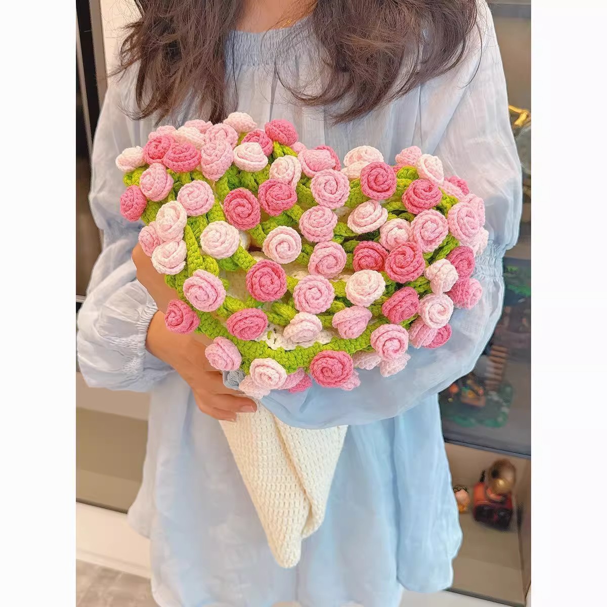 手工编织diy玫瑰花束毯子材料包毛线团钩织花朵毛线团钩织送朋友