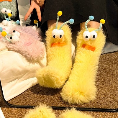 可爱居家地板搞怪丑萌毛绒秋冬季袜子情侣保暖加厚珊瑚绒中筒睡眠