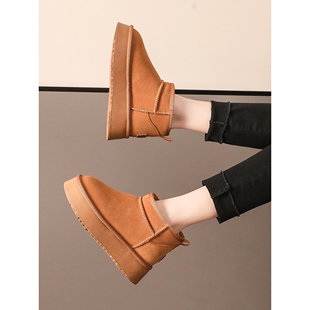 AUMU厚底雪地靴女士加绒厚防水松糕短筒内增高棉鞋子轻便休闲靴子