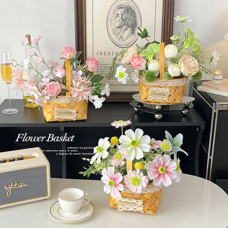 时尚蕾丝皮标编织花篮仿花摆件客厅餐桌假花装饰野餐拍照道具篮