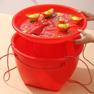 子孙桶喜事塑料筐方加厚婚庆塑料箩喜事大红带圆盘箩筐结婚乔迁