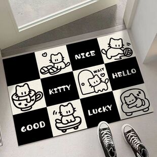 卡通黑白格大门门口防滑地垫隔音吸水玄关地垫水晶绒耐用入户地垫