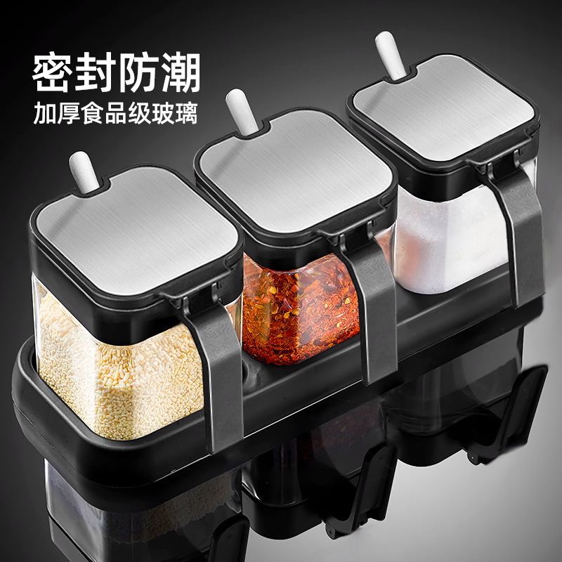无铅玻璃方形调料瓶套装置物架调味罐厨房调料收纳盒带把手勺