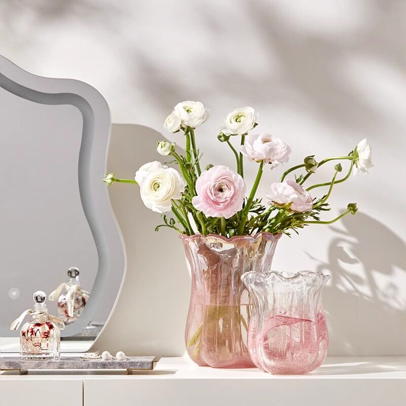 珠光粉色玻璃花瓶摆件轻奢高级感客厅插花装饰花器民宿样板间摆设