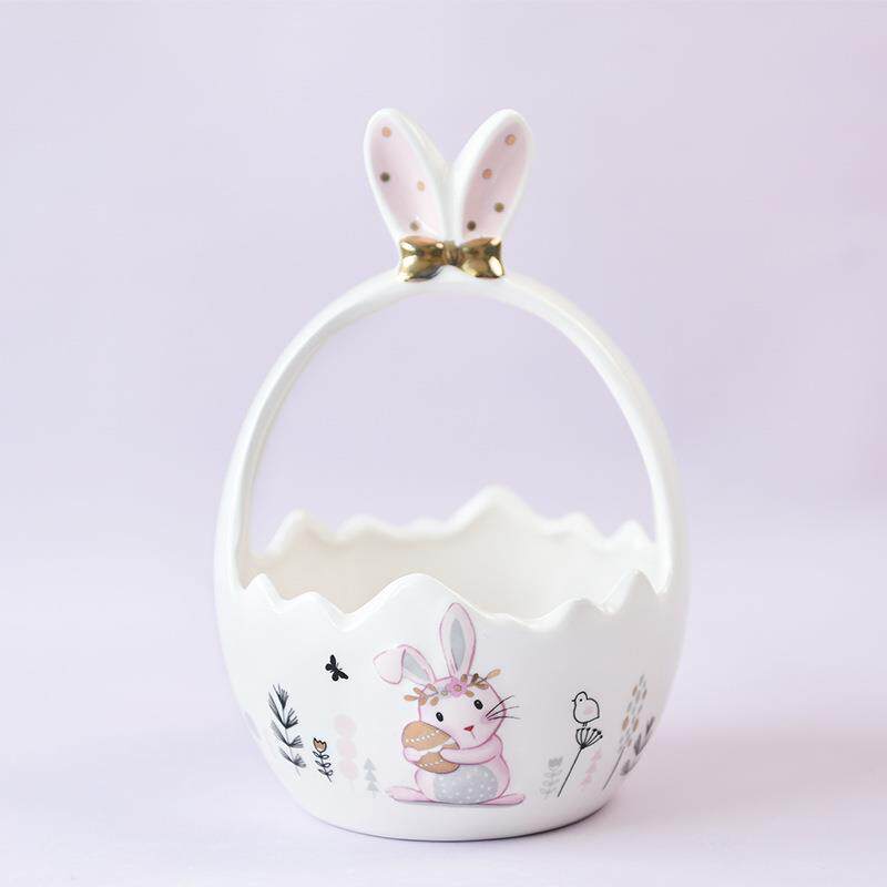 萌萌哒粉金兔子陶瓷置物篮陶瓷提篮花篮水果篮装饰摆件厂家直销