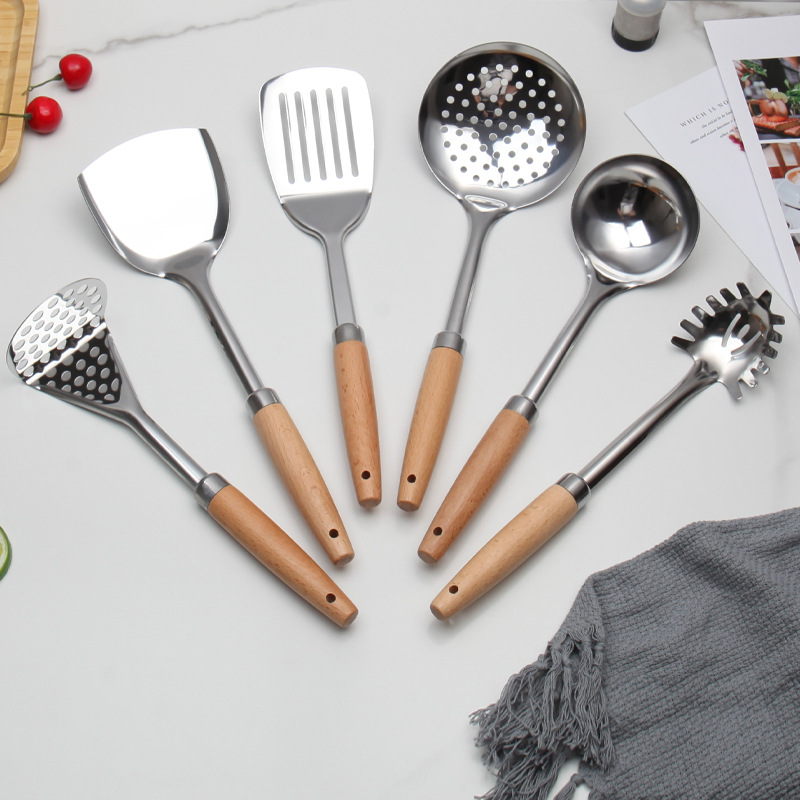 工厂木手柄不锈钢中式大厨具六件