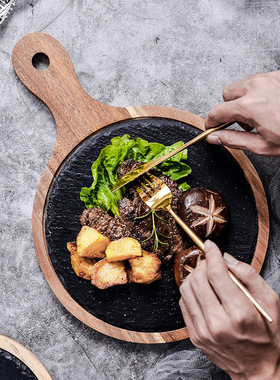 实木日式石板西餐盘披萨盘黑色带把手木质圆形烤肉寿司牛排托盘