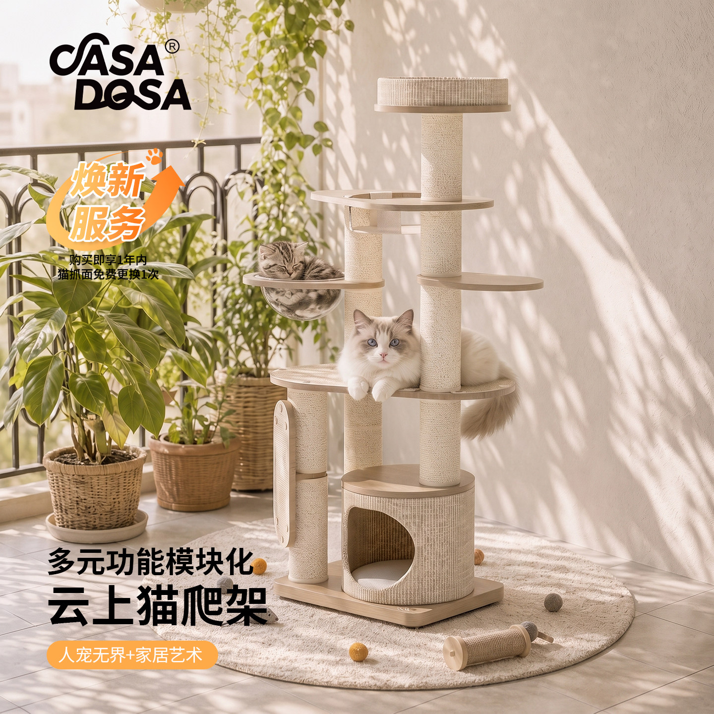 CasaDosa猫爬架爬柱实木猫树一体小户型不占地猫窝太空舱猫架子