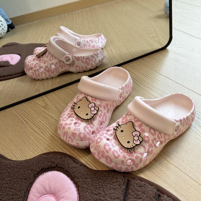 豹纹猫咪厚底洞洞鞋女夏显脚小