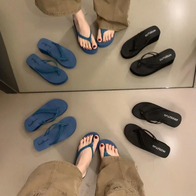 女夏蓝色厚底增高防滑人字拖