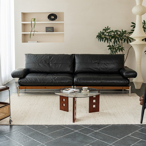 支吾无边皮艺沙发真皮沙发客厅中古风实木框架黑色意式模块沙发