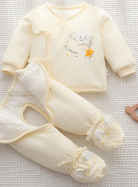 刚出生宝宝加厚保暖套装0-3个月婴儿系带偏襟和尚服包脚裤两件套