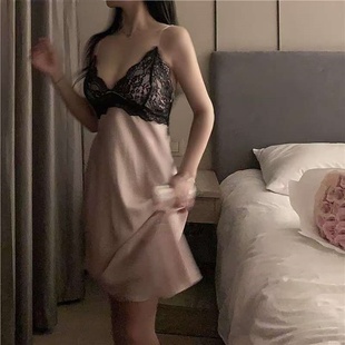 蕾丝花边露背吊带睡裙高级感舒适宽松睡衣纯欲风带胸垫家居服套装