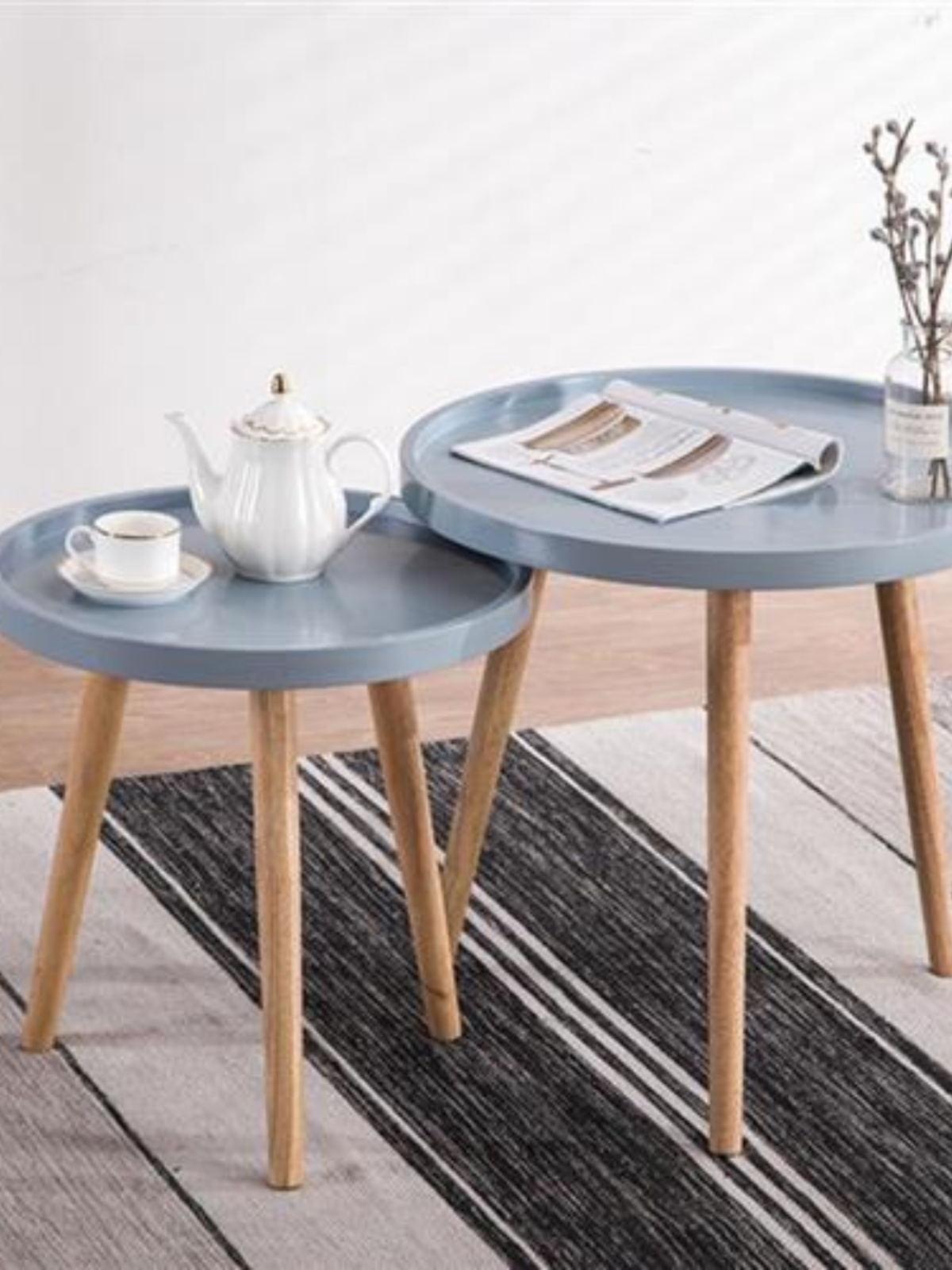 新品创意款客厅家具北蓝风圆形茶几客厅小桌子实木矮4边桌边几 欧