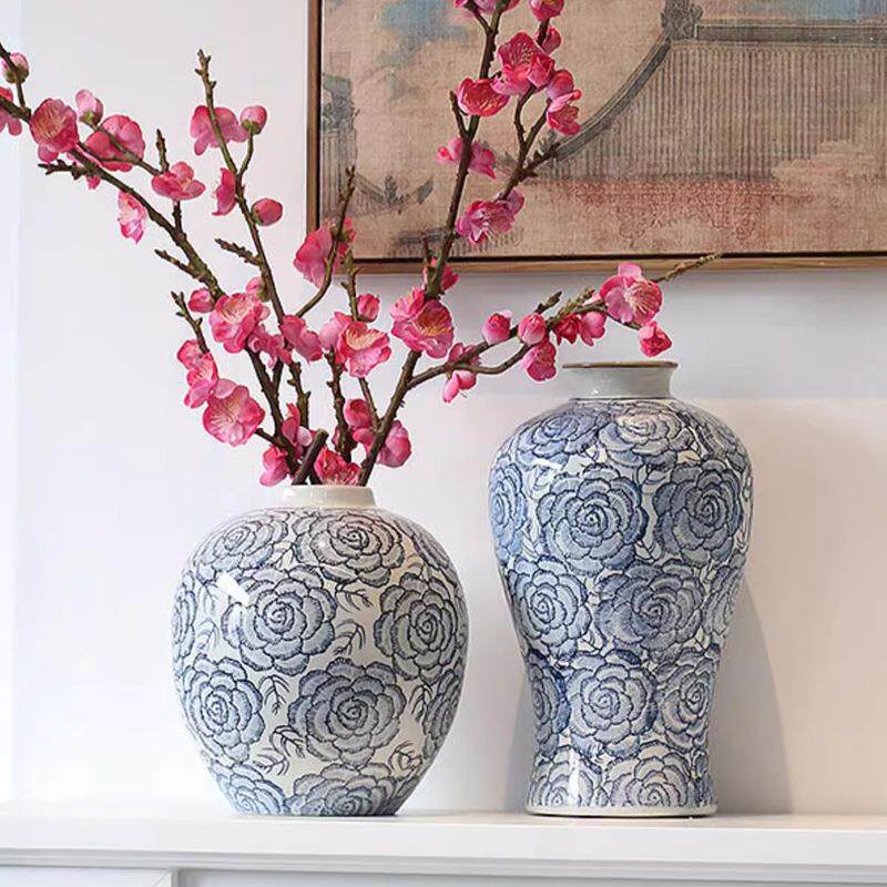 青花瓷花瓶客厅插花摆件玄关青花陶瓷装饰新中式插花创意陶瓷花器