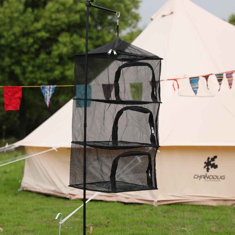 跨境户外四层折叠晒网露营烧烤碗筷收纳网蔬菜挂笼晒鱼干燥架