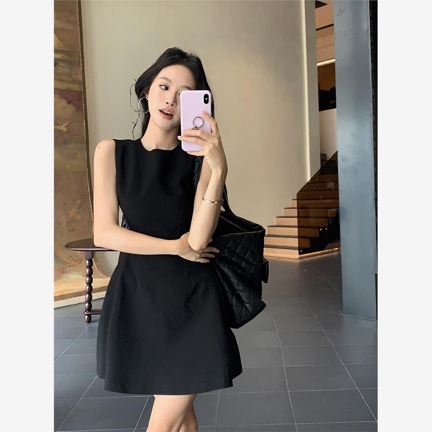 气质修身无袖背心连衣裙女装夏季显瘦百搭短裙小个子收腰A字裙子