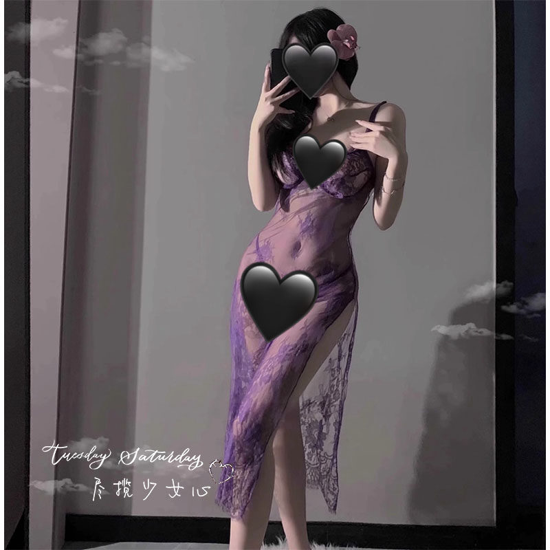尽揽少女心：嫣紫微醺夜*韵味紫色蕾丝开叉女长裙性感气质吊带裙
