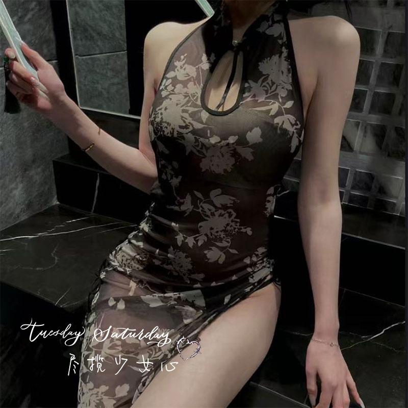 性感复古镂空美背睡衣薄款旗袍