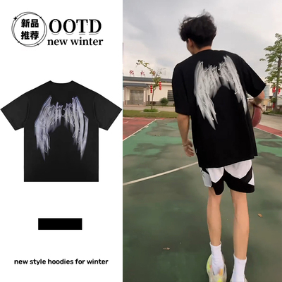 运动国潮牌重磅黑色纯棉短袖