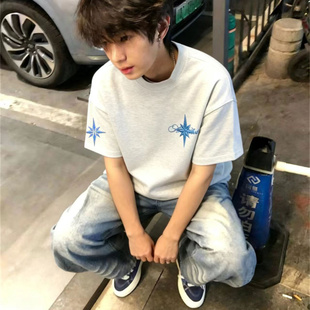 男款短袖潮牌高级感t恤青少年重磅纯棉美式刺绣高街2026圆领上衣