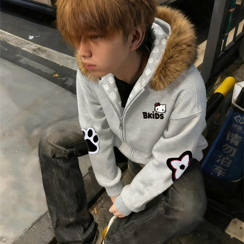 卫衣毛领拉链连帽男刺绣开衫上衣