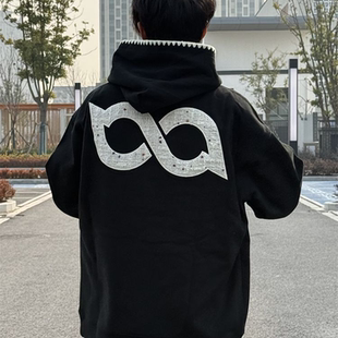 美式 外套上衣 秋冬加絨加厚情侶休閑百搭帽衫 高街刺繡連帽衛(wèi)衣男款