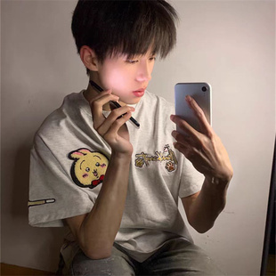 国潮纯棉重磅刺绣短袖男款美式高街2025新款t恤魔术贴情侣上衣女