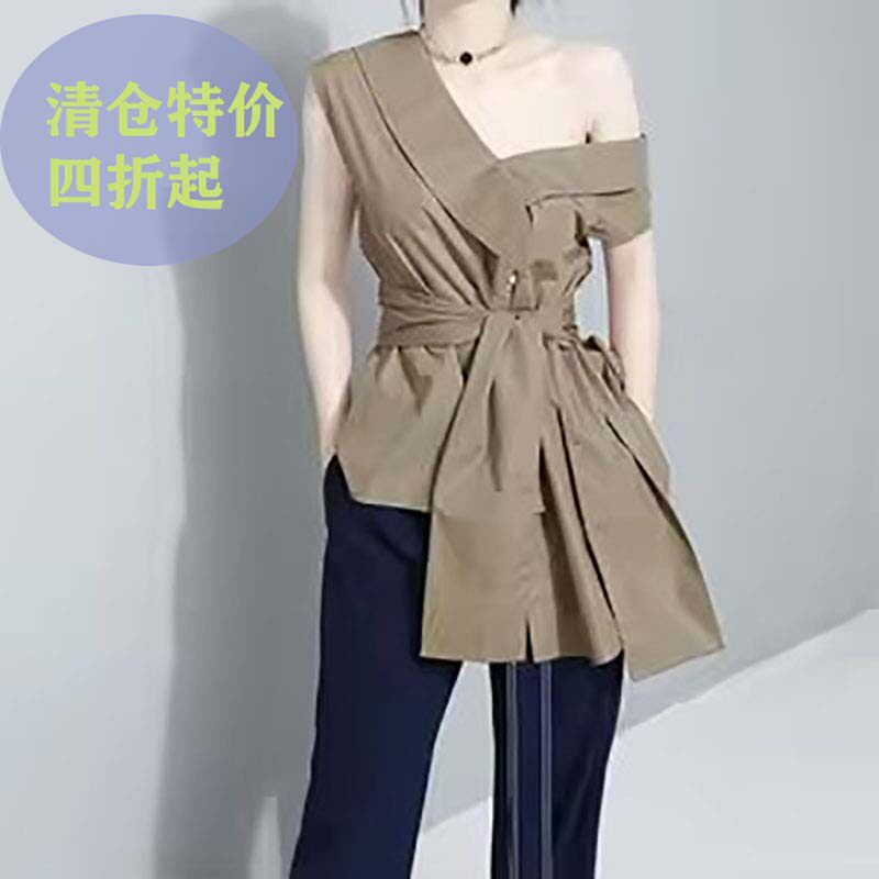 2024年秋季新款时尚个性袖子绑带大蝴蝶结不规则斜肩衬衫不退不换