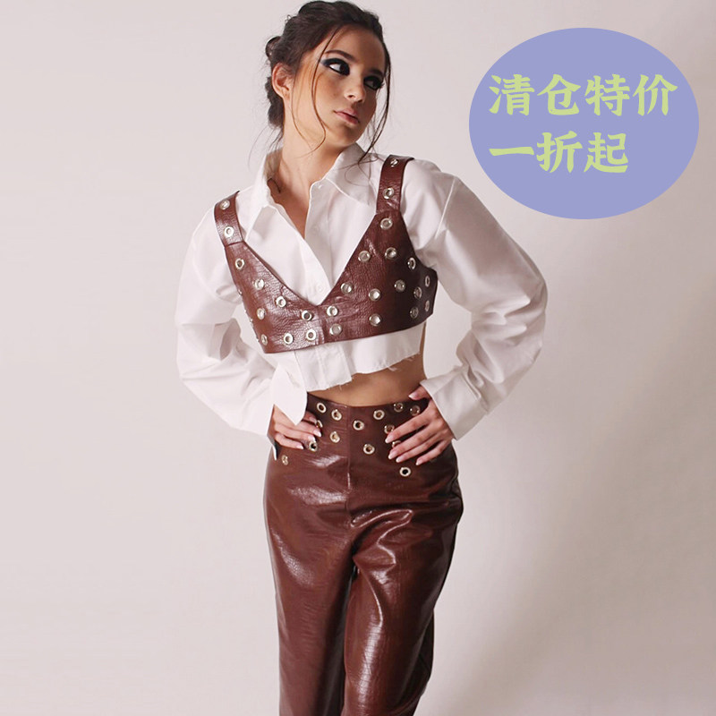 2025夏季新款时尚套装 镂空设计pu皮短款外套+高腰皮裤两件套女装